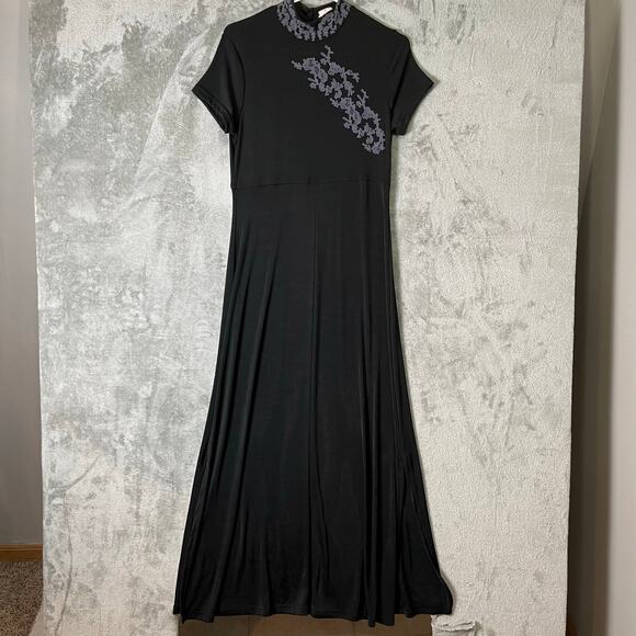 Vintage Dresses & Skirts - Vintage Y2K Black Gothic Maxi Dress Floral‎ Mandarin Collar Dark Romance Medium